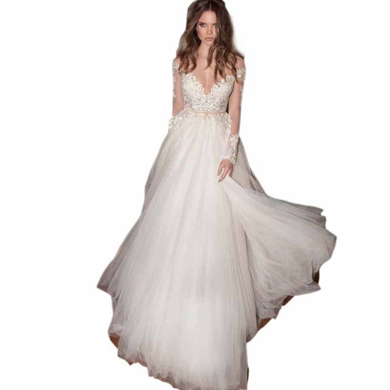 A-Line/Princess Vintage Long Sleeves Chapel Train Applique Tulle Wedding Dresses