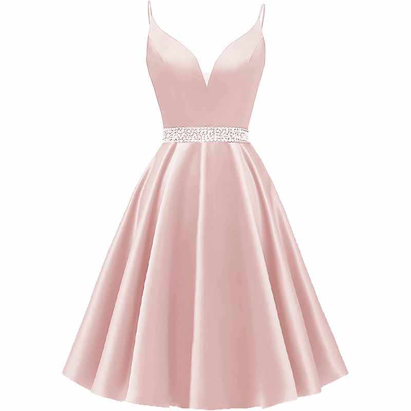 Girls Spaghetti Short Satin Prom Dress V-Neck Beaded Homecoming Evening Party Gowns