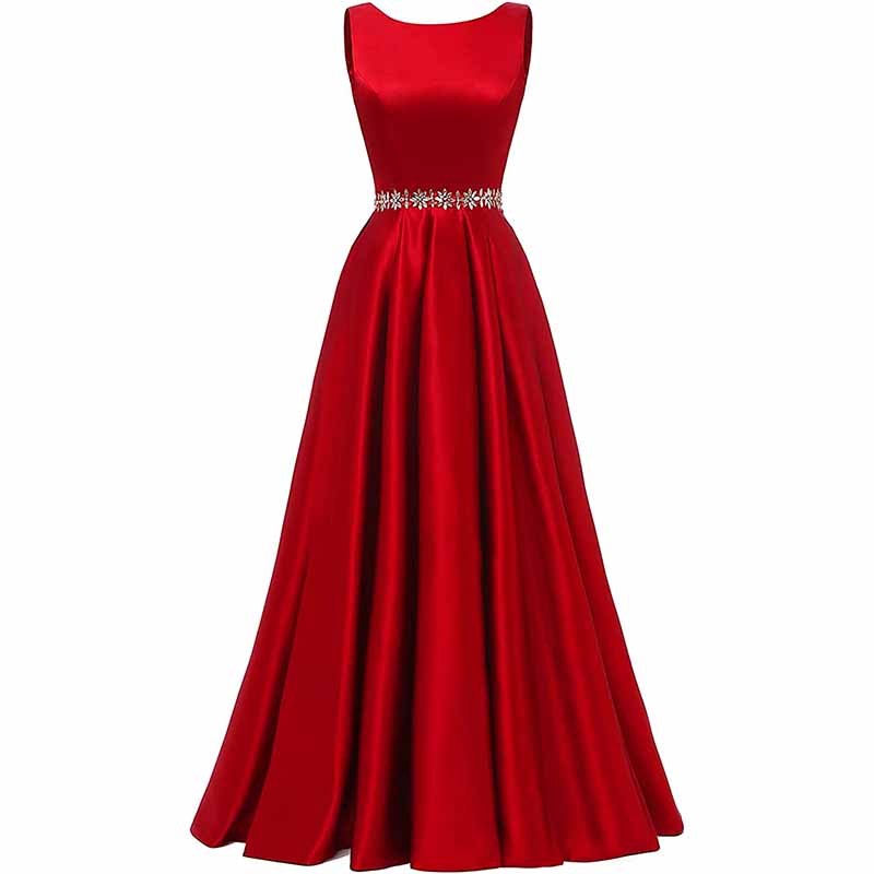 Women Long Prom Dress Satin A-Line with Beaded Belt Formal Evening Gown