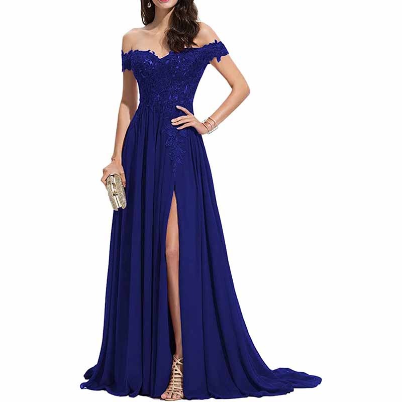 Women's Off The Shoulder Prom Dresses Slit Lace Appliqued Chiffon Formal Party Gowns