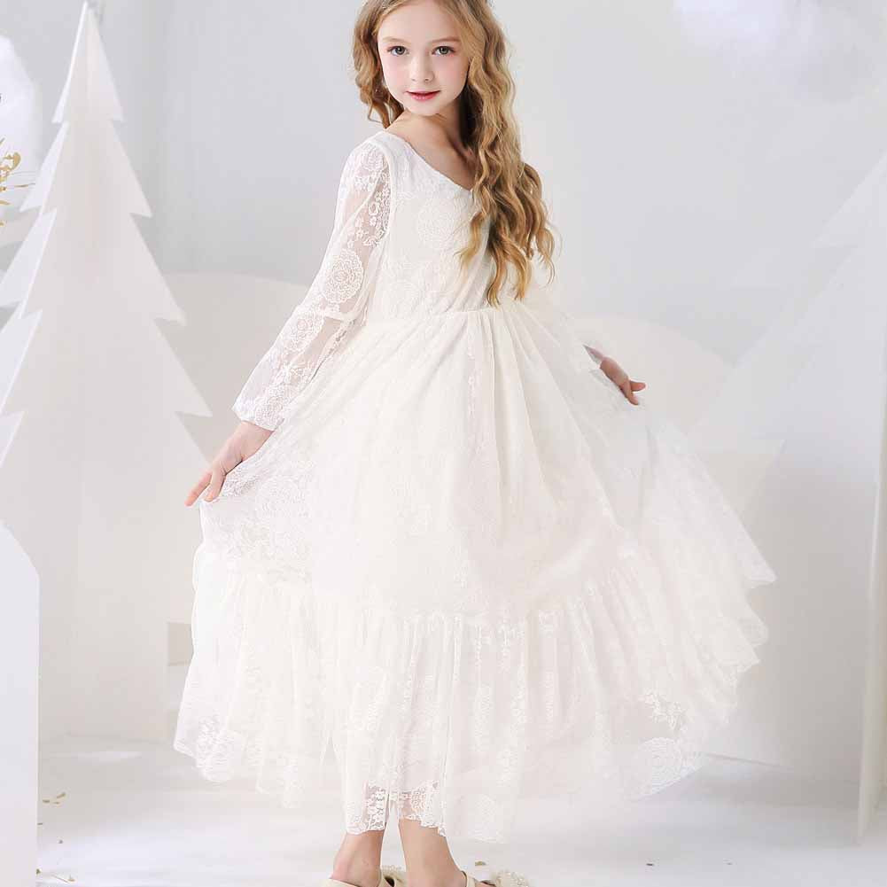 Lace Applique Floor Length Flower Girl Dress Wedding Dress Kids Gown