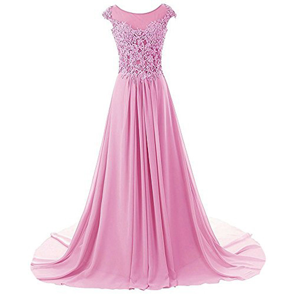 sd-hk Women Lace Bridesmaid Dress Chiffon Prom Dress Cap Sleeve Prom Dresses