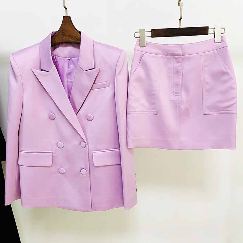 Women Loose fit Purple/Green Blazer + Mini Skirt Suit