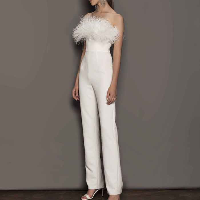 White One Piece Women's Jumpsuts with Feather Pants Romper