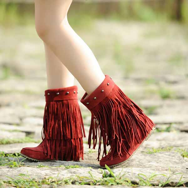 Women's Tassel Bootie Fringe Hidden Wedge Heel Ankle Boots
