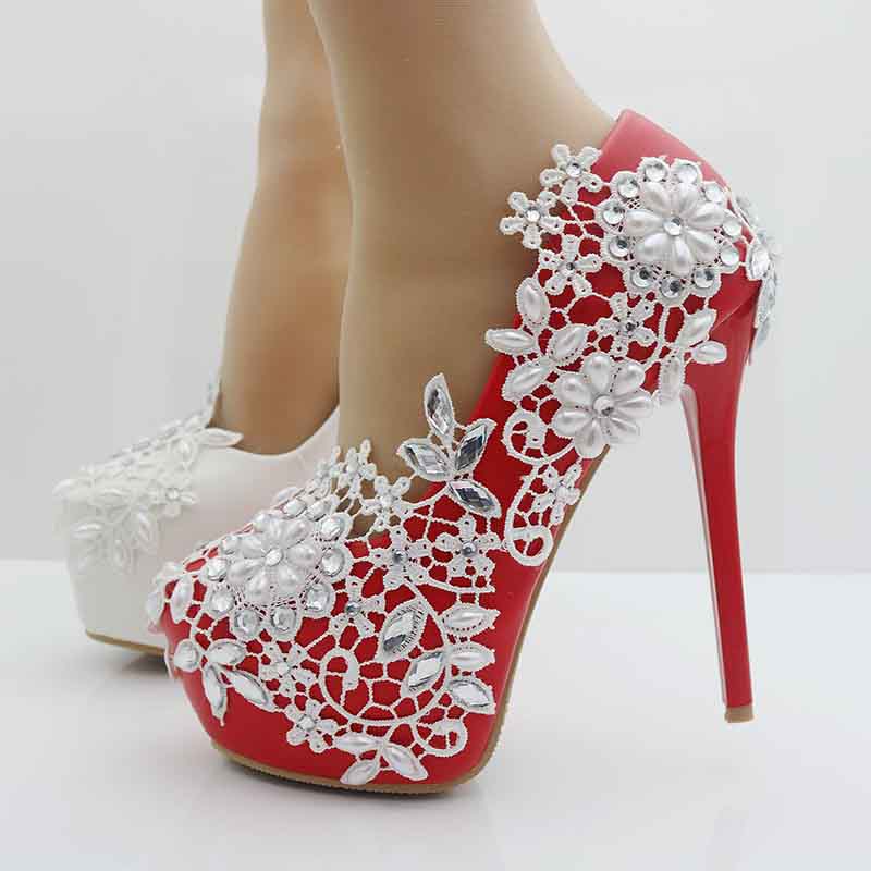 Women Round Toe Lace Wedding Heels Platform Bridal Pump