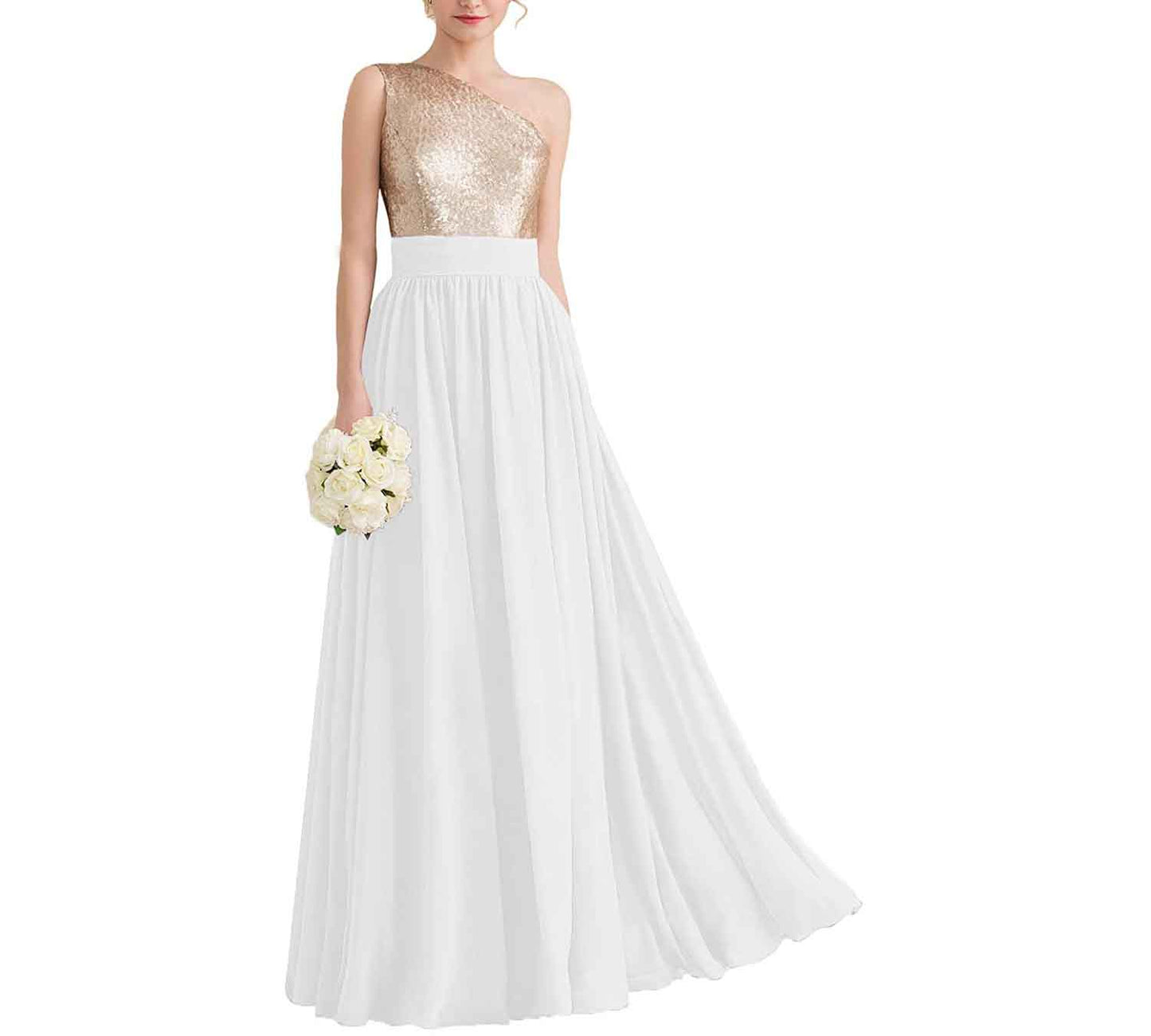 Women One Shoulder Sequin Bridesmaid Dresses Long Chiffon Formal Dresses