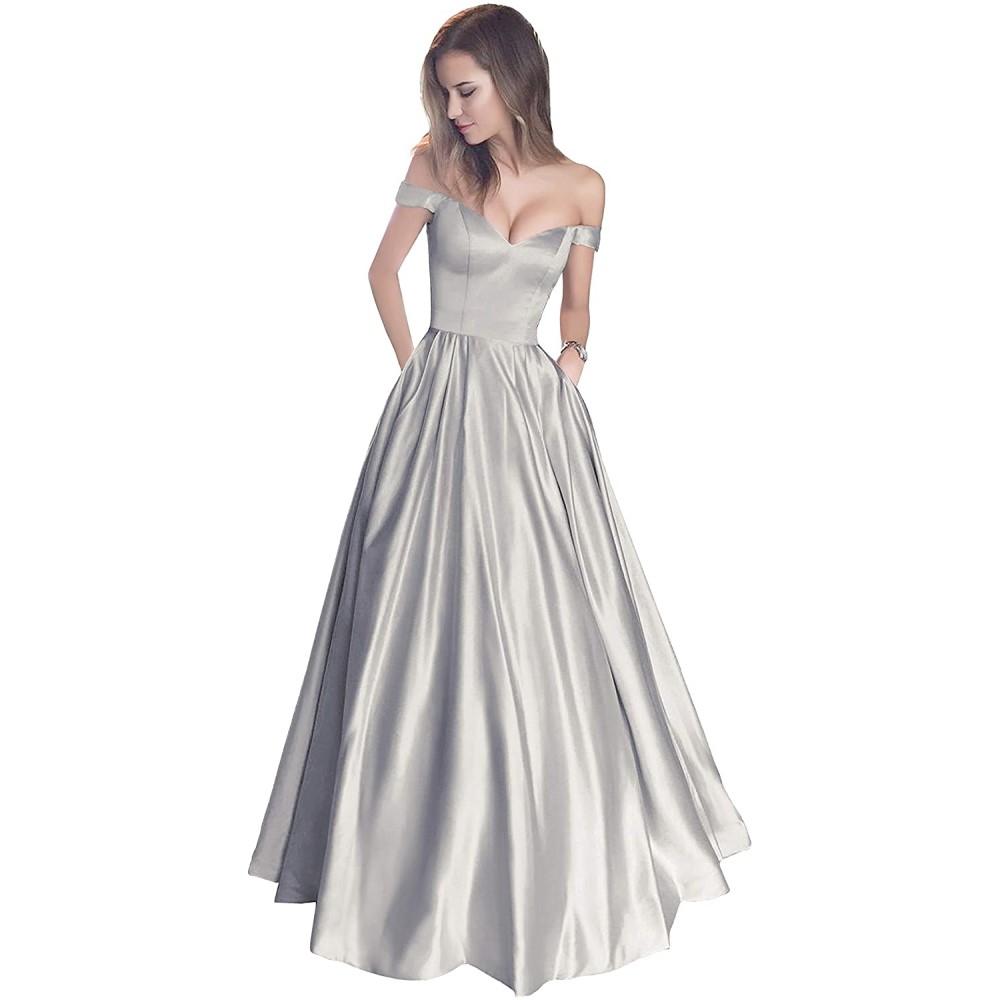 Off The Shoulder Satin Wedding Dress Beaded A.Line Prom Dress with Pocket