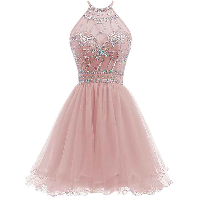 Women's Beaded Halter Homecoming Dress Short Tulle Prom Dress