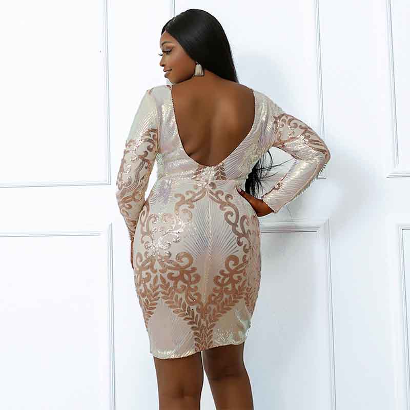 Women's Plus Size Long Sleeve Sexy Mini Dress Bodycon Sequin Cocktail Dress