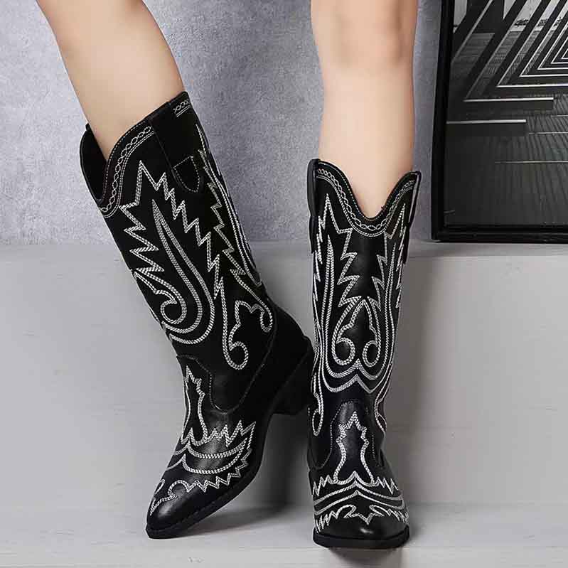 Western Cowgirl Cowboy Boots Wide Calf Pointed Toe Embroidered Shoes