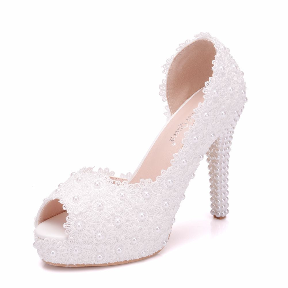 Women's Lace Stiletto High Heels Platform Wedding Pumps Peep Toe Bride Shoes