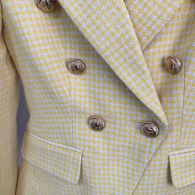 Women's Fitted Gold Lion Buttons Fitted Jacket Yellow Houndstooth Check Blazer