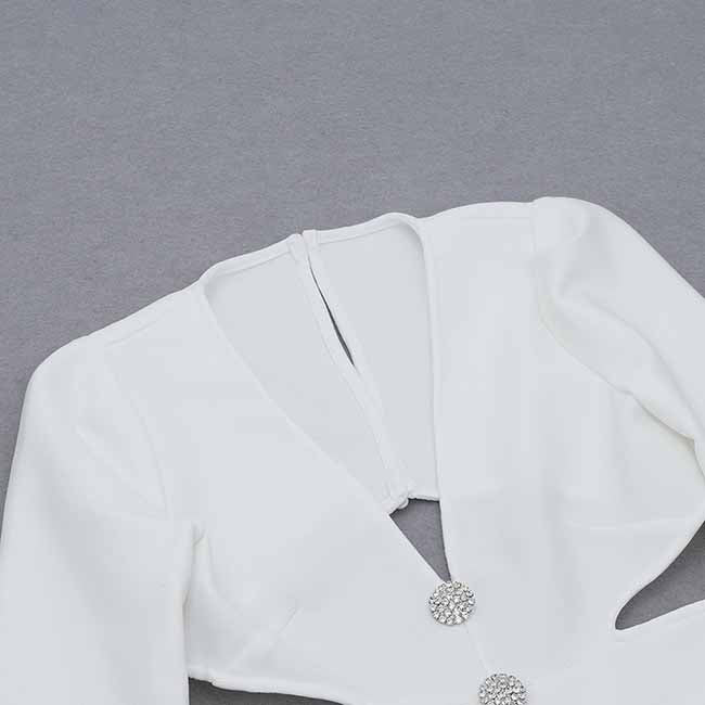 Women's Deep-V White Long Sleeve Hollow Out Dress One Piece High Split Dress