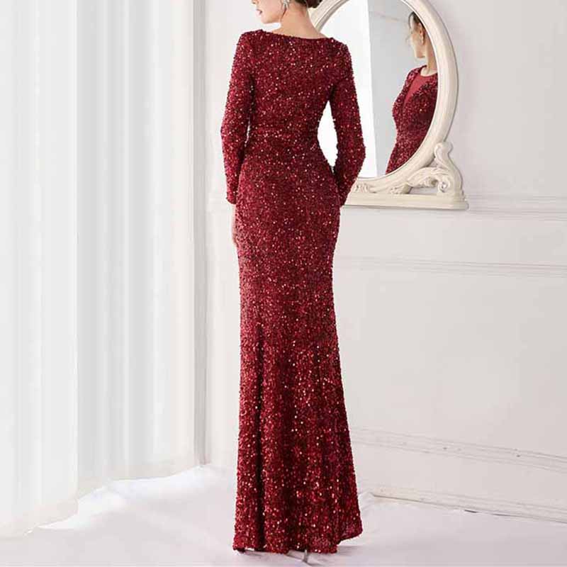 Women Wedding Party Dress Long Sleeve Sequin Dress Split Formal Evening Gowns