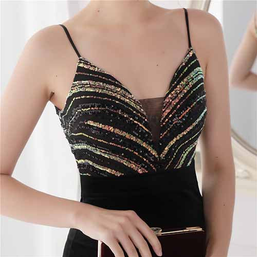 Women's Sexy V Neck Bodycon Sequin Gown Evening Dress with Slit