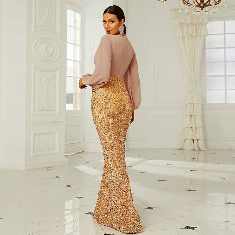 Wedding Long Sleeve Sequins Hip Wrap Fishtail Prom Dress