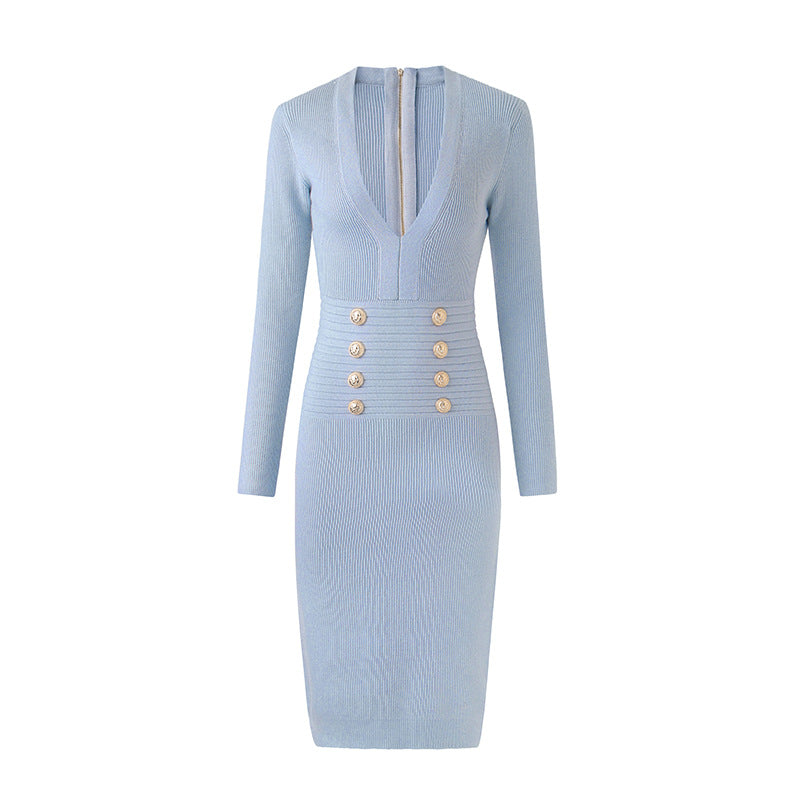Women Light Blue button-up knitted minidress Ribbed Dress Fine-ribbed Dress
