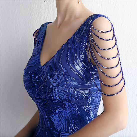Women's V-Neck Sequins Mermaid Prom Evening Party Dress S-4XL
