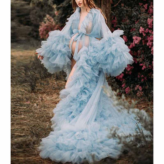 Women Tulle Robe Puffy Gown Long Sleeves Court Train Tie Closure