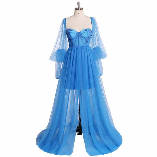 Puffy Sleeve Prom Dresses Ball Gown for Women Formal Long Sleeve Backless Evening Gown
