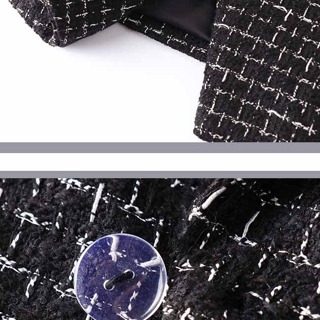 Women's Black Plaid Tweed Blazer Double Breasted Business Jacket