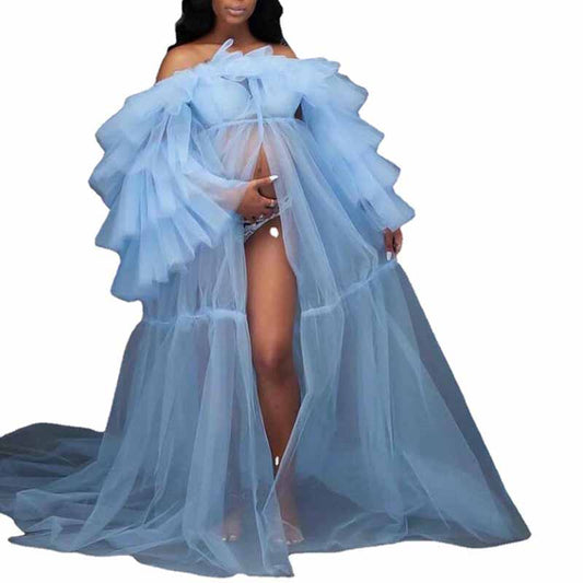 Women's Tulle Robe for Materinty Off-the-shoulder Long Sleeves Sweep