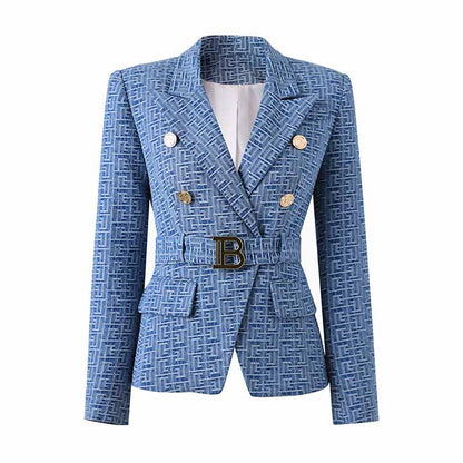 Women's Double Breasted Lion Buttons Belted Soft Denim Blazer Jacket