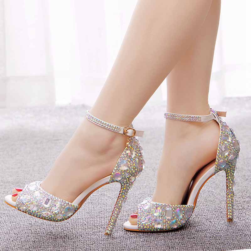 Women's Silver High Heels Dress Rhinestones Open Toe Pumps 4.33"