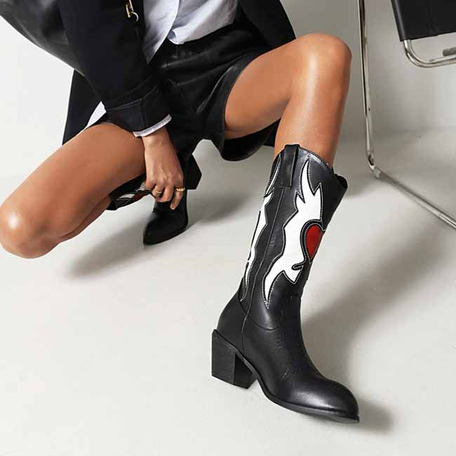 Women Cowboy Boots Black Studded Western Boots