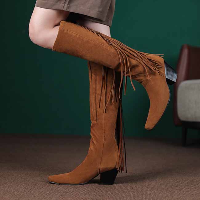 Women Fringe Boots Western Cowgirl Vintage Knee High Boots