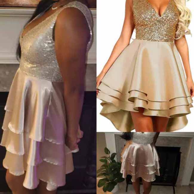 Women's Sequin Glitter V Neck Skater Mini Club Cocktail Party Swing Dress