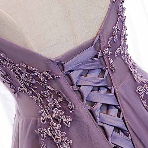 Women's Purple V-Neck Lace Appliques Tulle Evening Dress