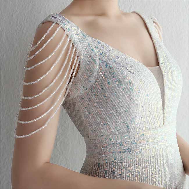 Women Sequin Fishtail V Neck Maxi Bodycon Dress with Tassel Sleeves