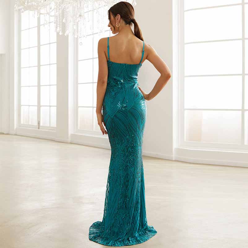 Wedding Sleeveless Green Sequins Hip Wrap Fishtail Prom Dress