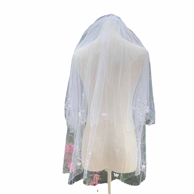 2 Tier Crystals Pearls Beaded Wedding Veil Elbow Length