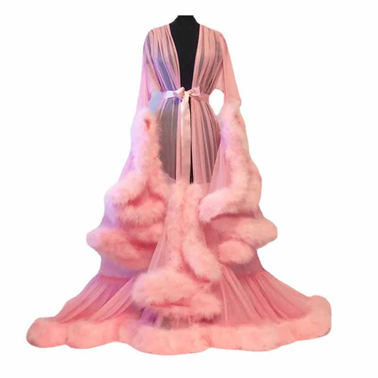 Womens Feather Tulle Robe Long Lingerie Maternity Dressing Gown Puffy Nightgown