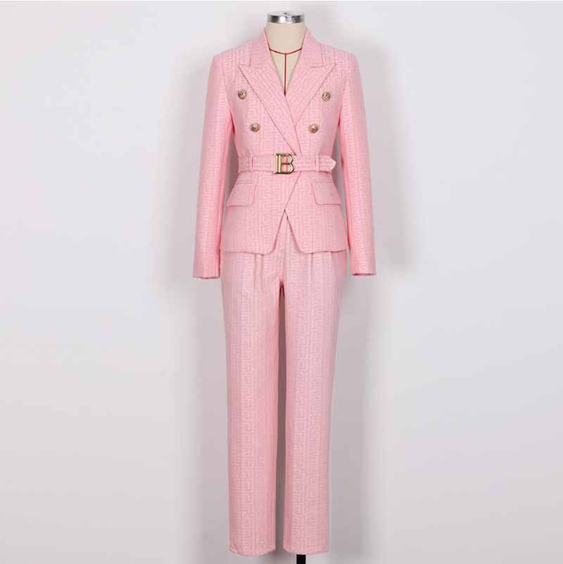 Women's Belted Pant Suit Formal 2 Piece Blazer and Pants Business Set