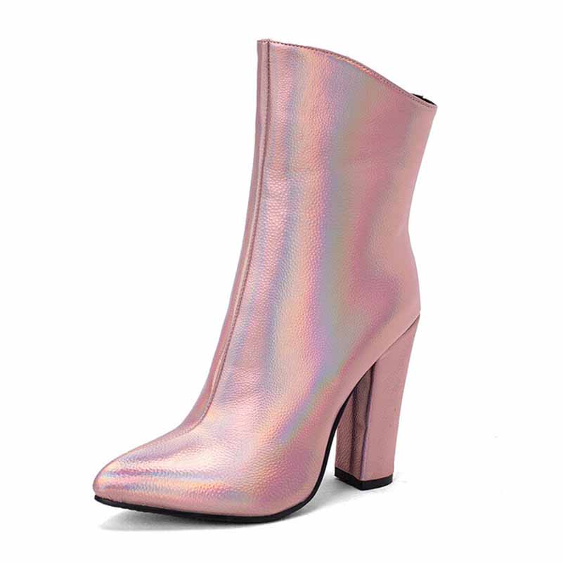 Womens Chunky Boots Zip Up Pointed Toe Ankle Booties