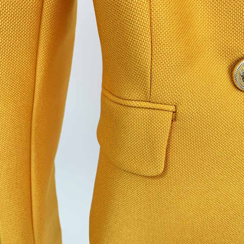 Women's Yellow Textured Luxury Fitted Double Breasted Blazer with Lion Buttons