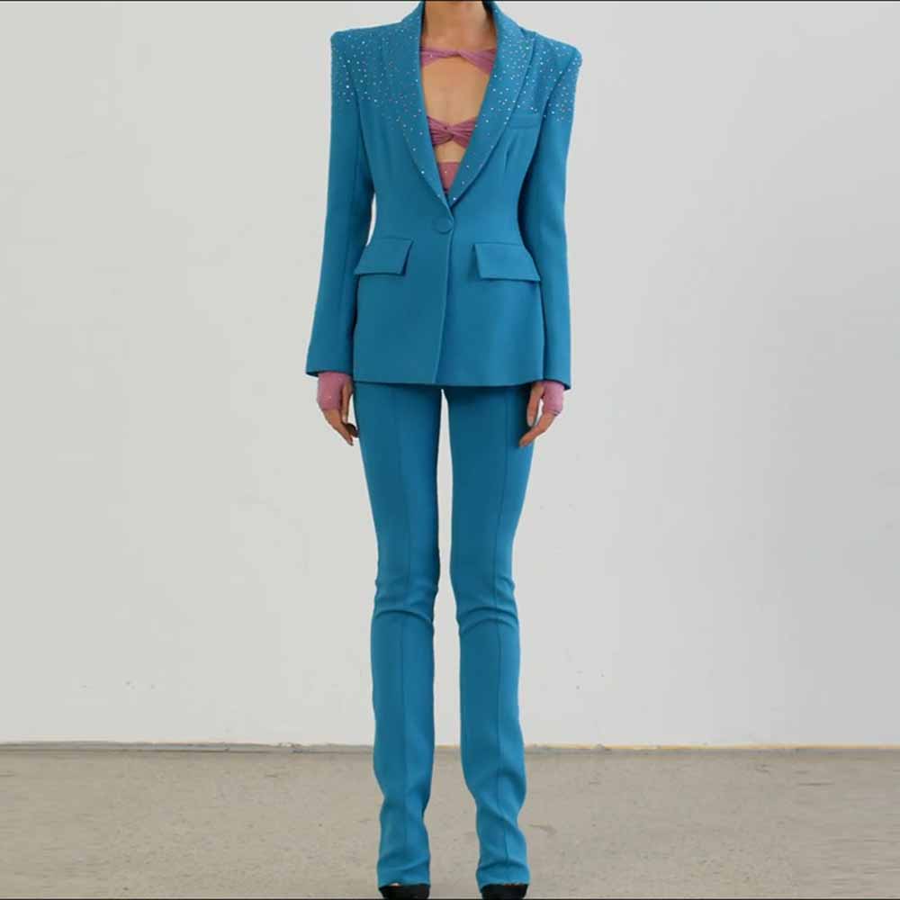 Women's 2 Piece Pantsuit Camel One Button Drilling Suit Fashionable Set Slim Fit Blazer Pans Suits