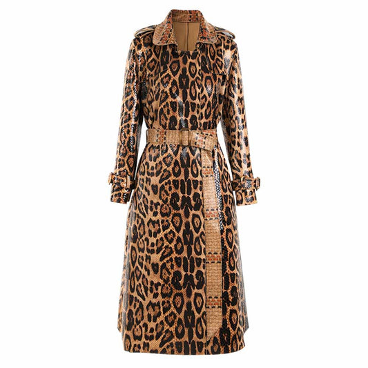 Women Animal Print Formal Coat In Brown Leopard Print Belted Trench Coat