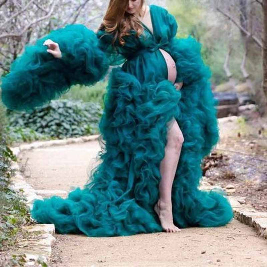 Women Long Sleeves Sheer Long Robe Puffy Tulle Robe Sheer for Maternity Dress