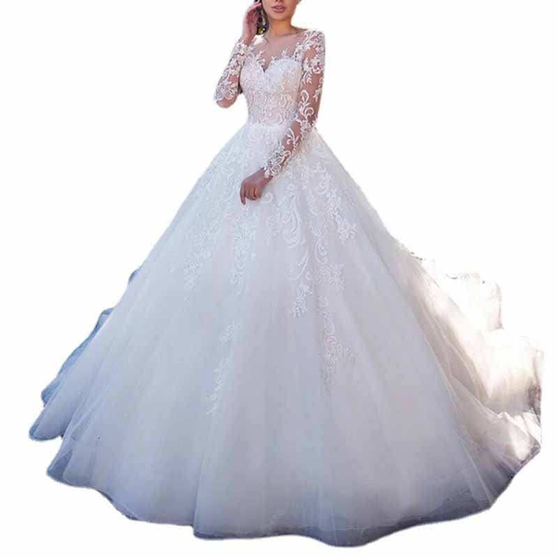 Long Sleeve Wedding Dress for Bride Lace Applique Bride Gowns