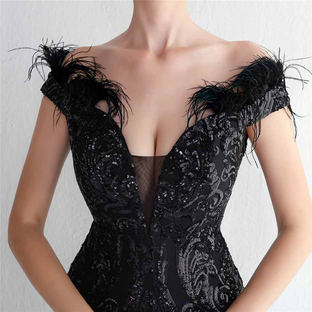 Women Wedding Party Dress Sequin Dress Feather Evening Prom Event Dress