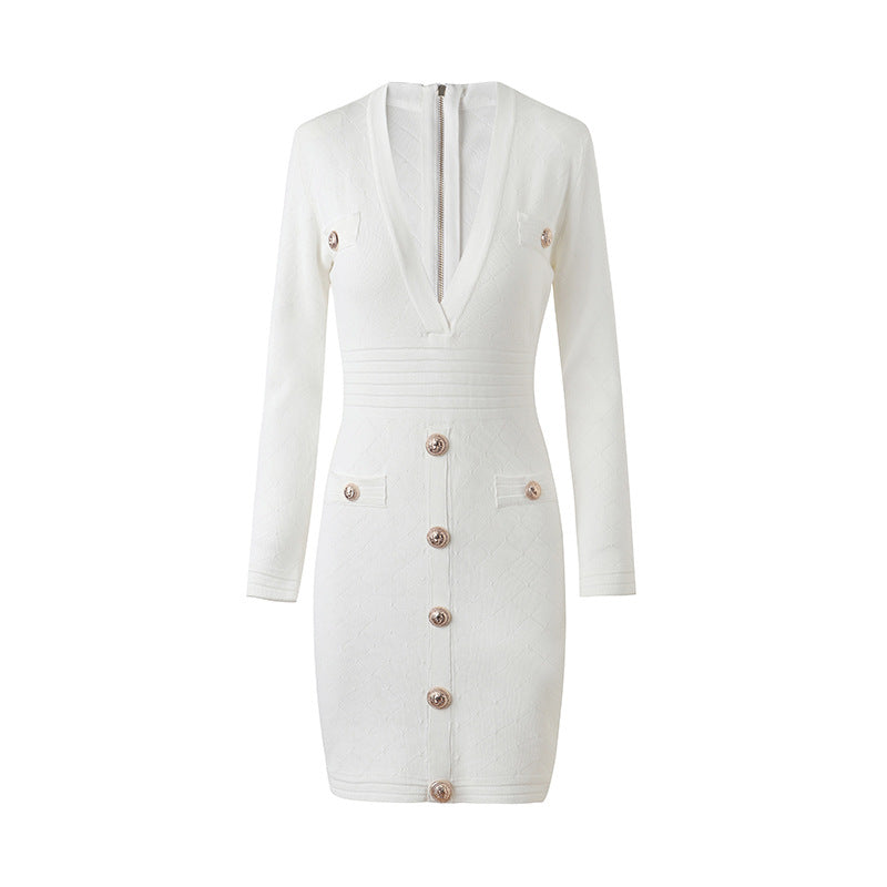 Women White Button-up Knitted Minidress V Neck Long Sleeves ribbed-knit Dress