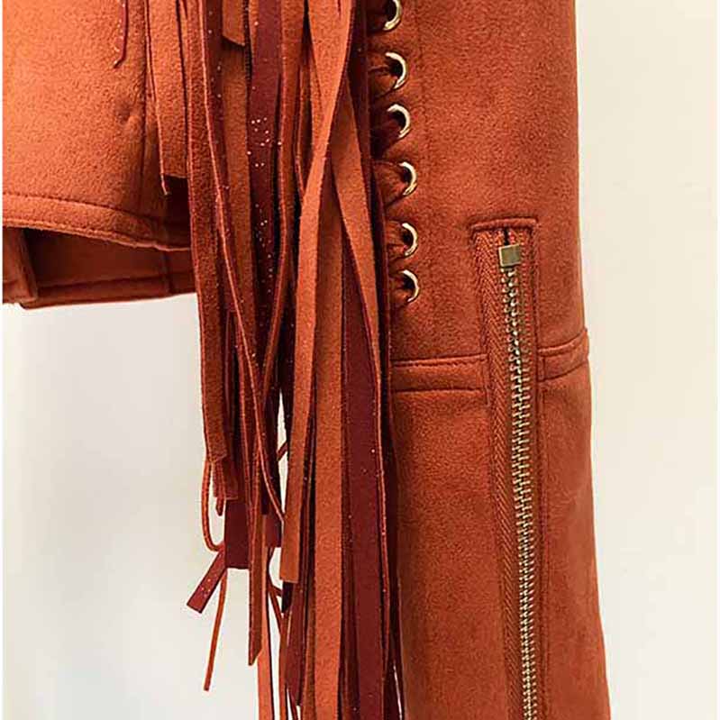 Women Fringed Suede Asymmetric Zip Biker Jacket X-Zip Fitted Rust Coat
