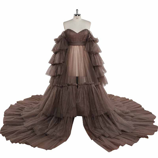 Puffy Ruffles Tulle Robe for Maternity Sheer Off Shoulder Maternity Prom Gown
