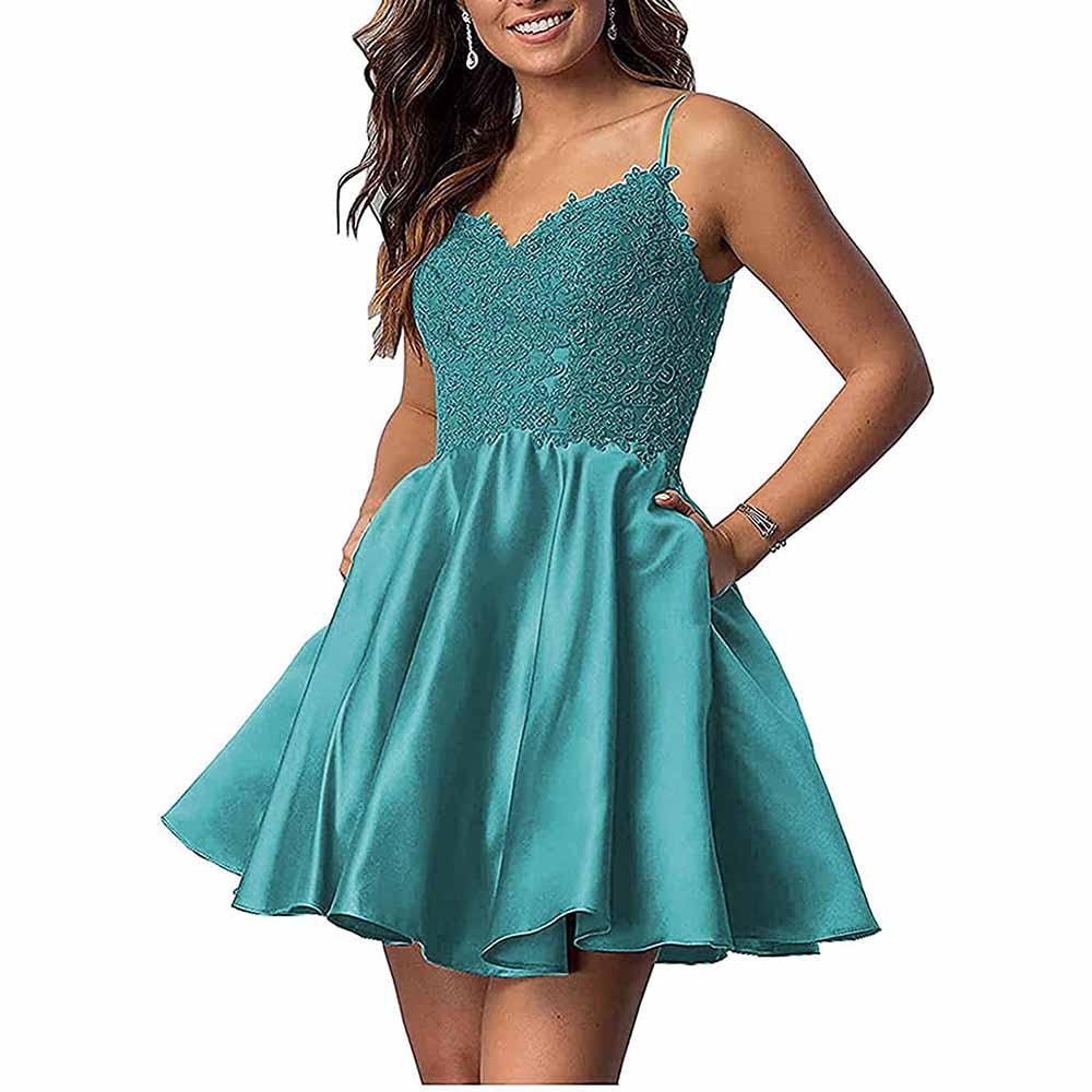 Homecoming Dresses Teens Lace Short Prom Dress with Pocket Mini Party Dresses