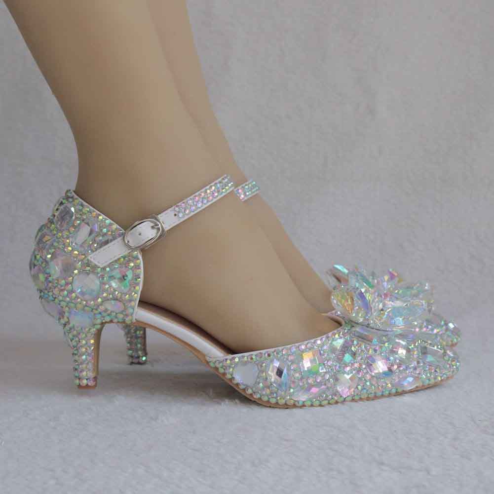Bride Wedding Shoes Prom Pumps Ankle Strap Buckle Shoes With Rhinestone